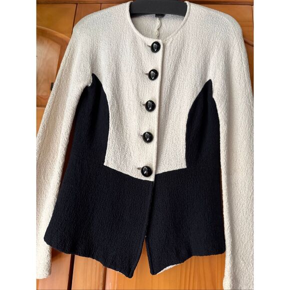 St. John Collection Colorblock Santana Knit Collarless Jacket Ivory & Black Sz 0 - Picture 4 of 14